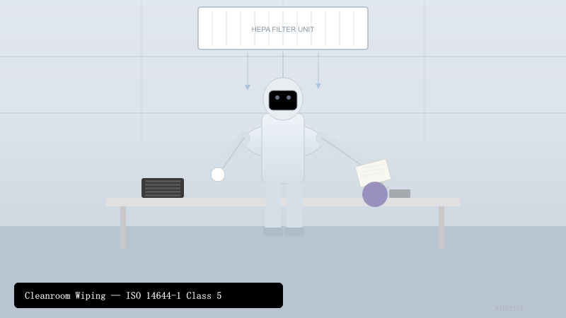 Technician using lint-free industrial wiping paper in a semiconductor cleanroom environment