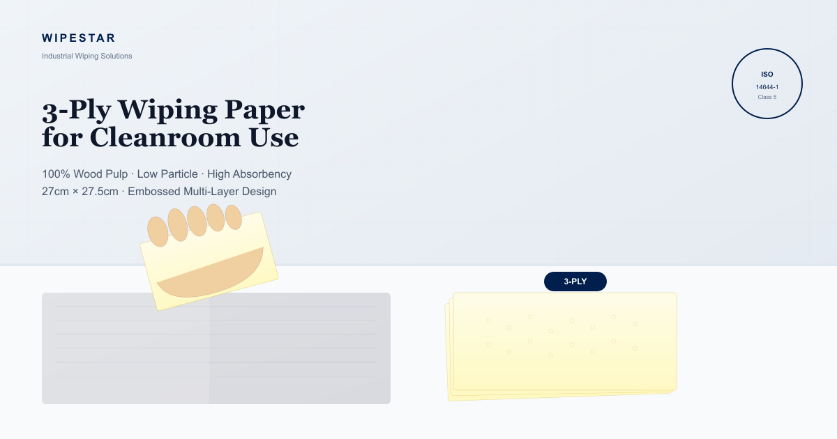 Close-up of 3-ply embossed wiping paper being used to clean a precision metal surface in a controlled manufacturing environment