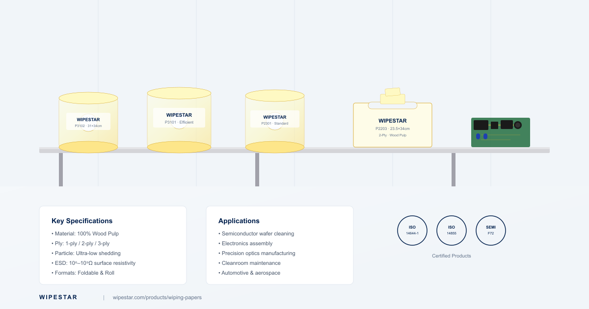 Rolls of dust-free wiping paper stored on a cleanroom shelf next to electronic components awaiting assembly