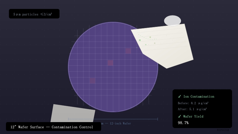 Close-up of industrial wiping paper removing contaminants from a 12-inch silicon wafer surface