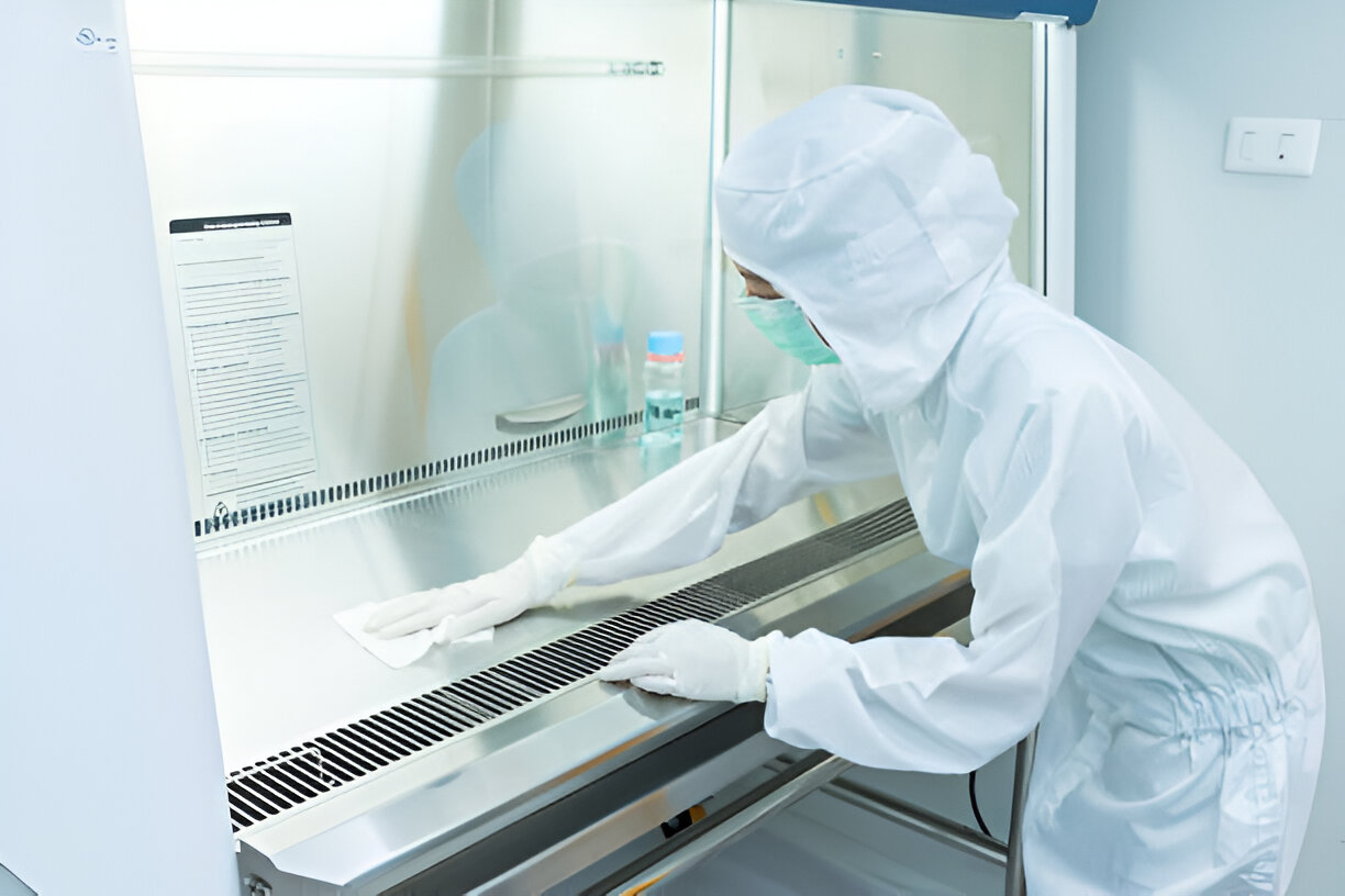 A scientist in sterile coverall gown using cleanroom wipes for cleaning biological safety cabinet
