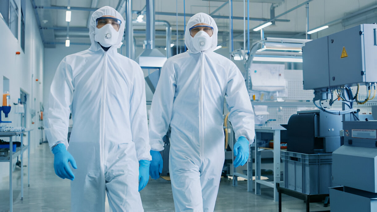 Two Engineers in Hazmat Sterile Suits Walking Through Technologically Advanced Factory